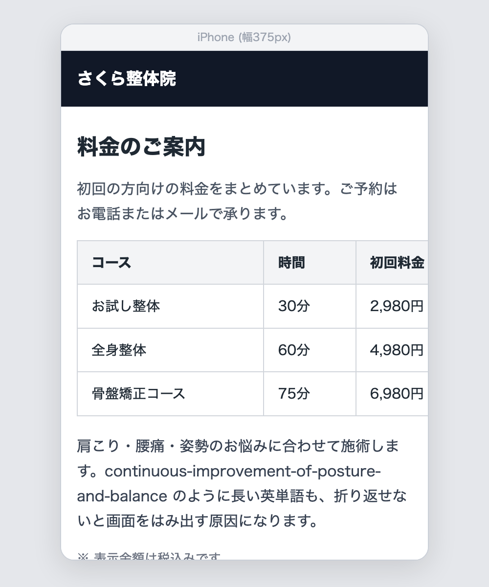スマートフォン表示で料金表が画面右にはみ出し、横スクロールが発生している症状の画面